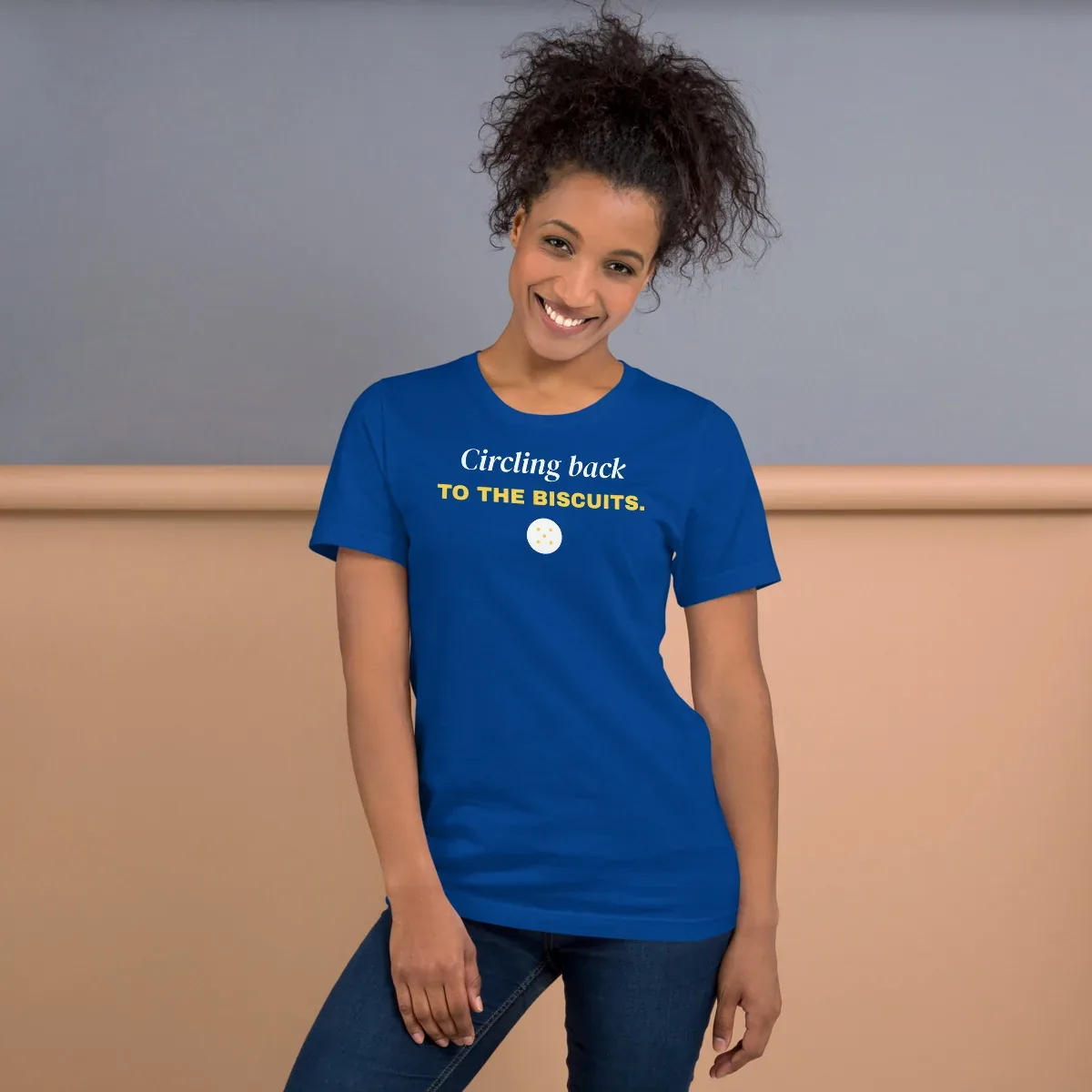 Circling back to the biscuits — true royal unisex tee: On model, front