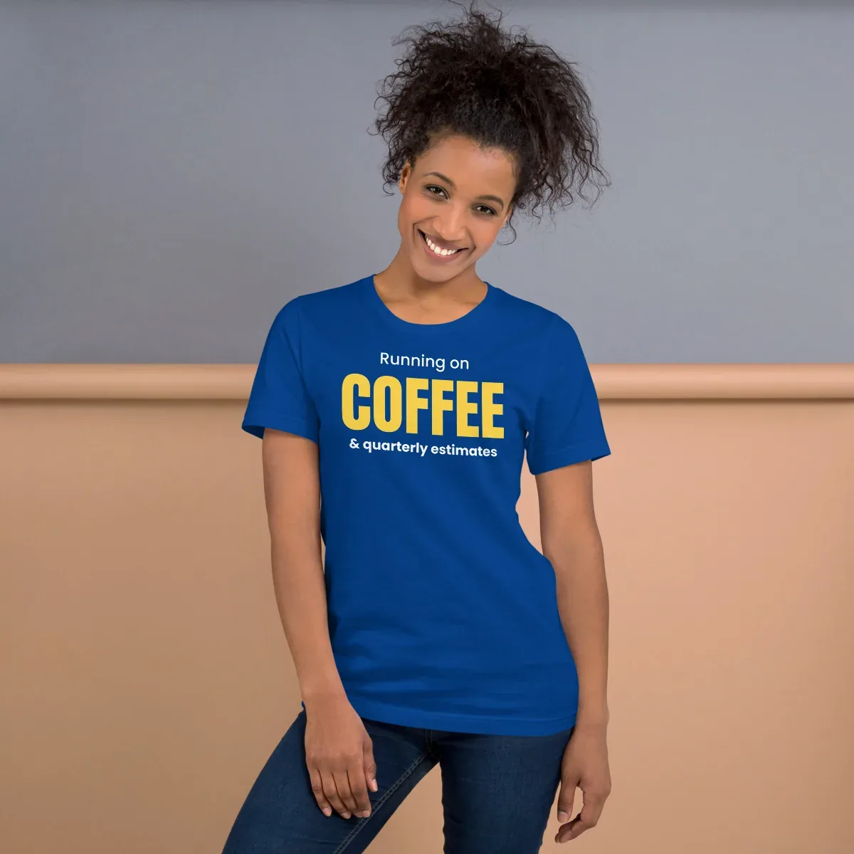 Running on coffee & quarterly estimates — true royal unisex tee: Worn (lifestyle)