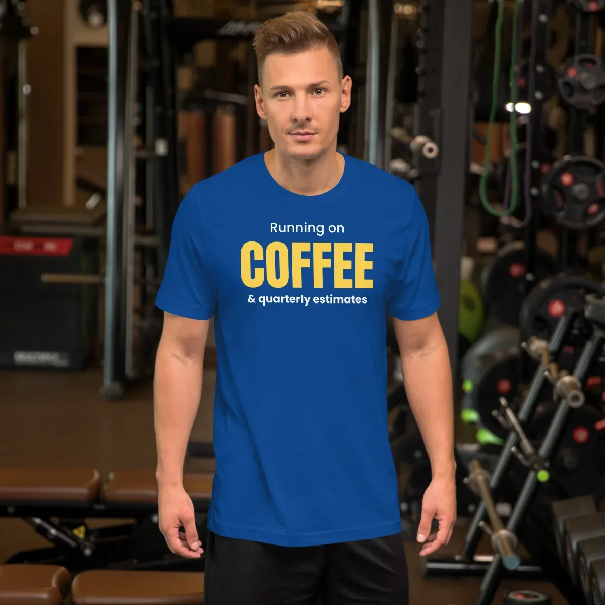 Running on coffee & quarterly estimates — true royal unisex tee: Worn (lifestyle)
