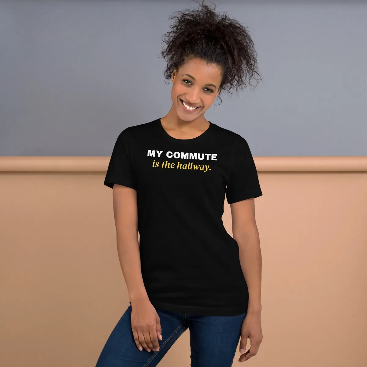 My commute is the hallway — black unisex tee: Worn (lifestyle)