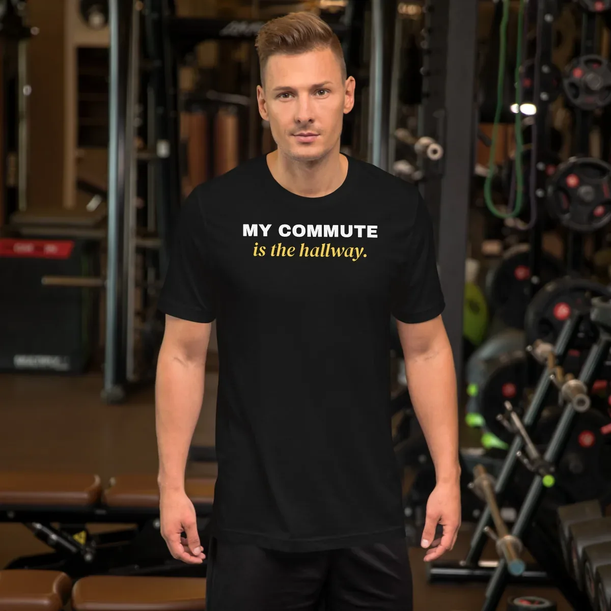 My commute is the hallway — black unisex tee: Worn (lifestyle)