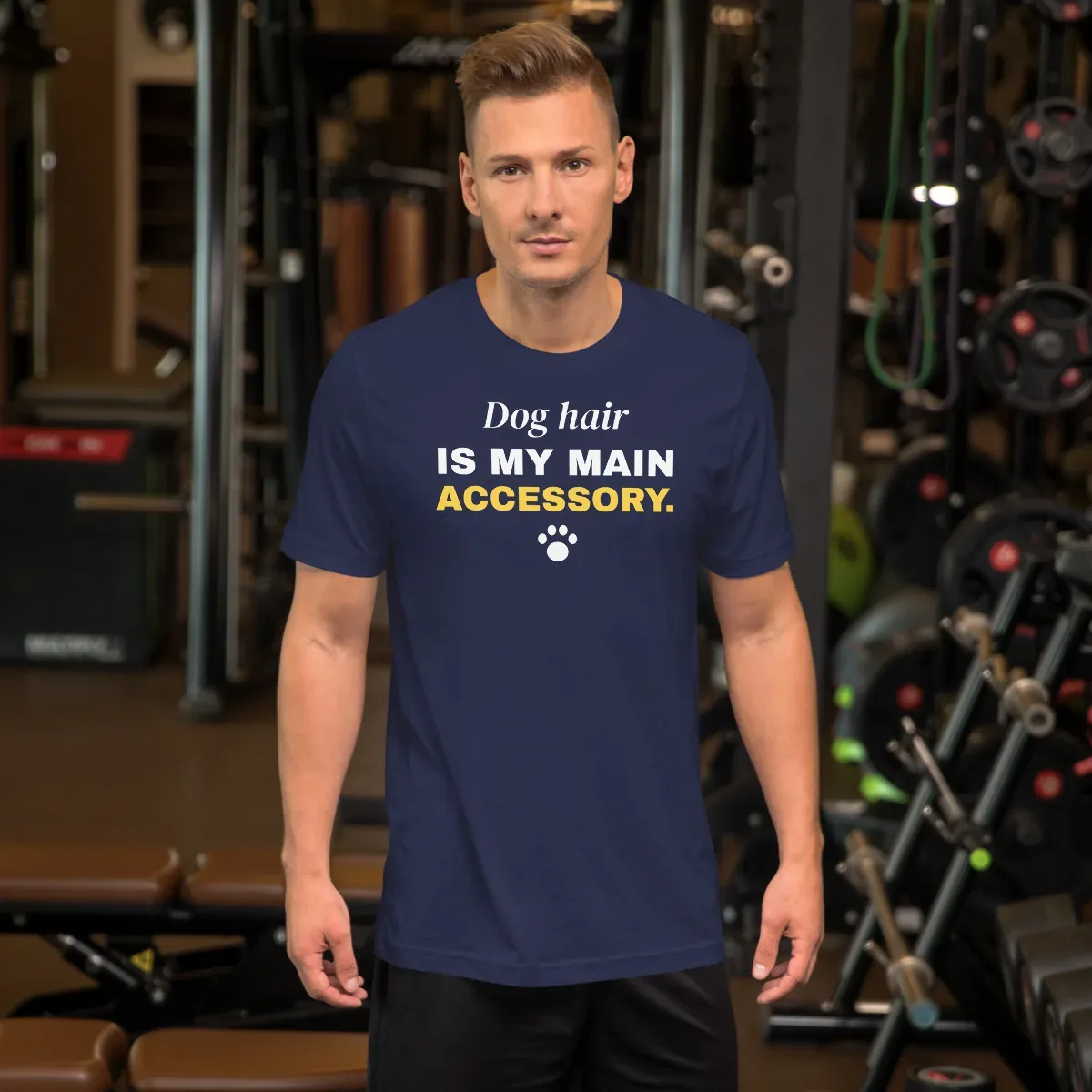 Dog hair is my main accessory — navy unisex tee: On model, front