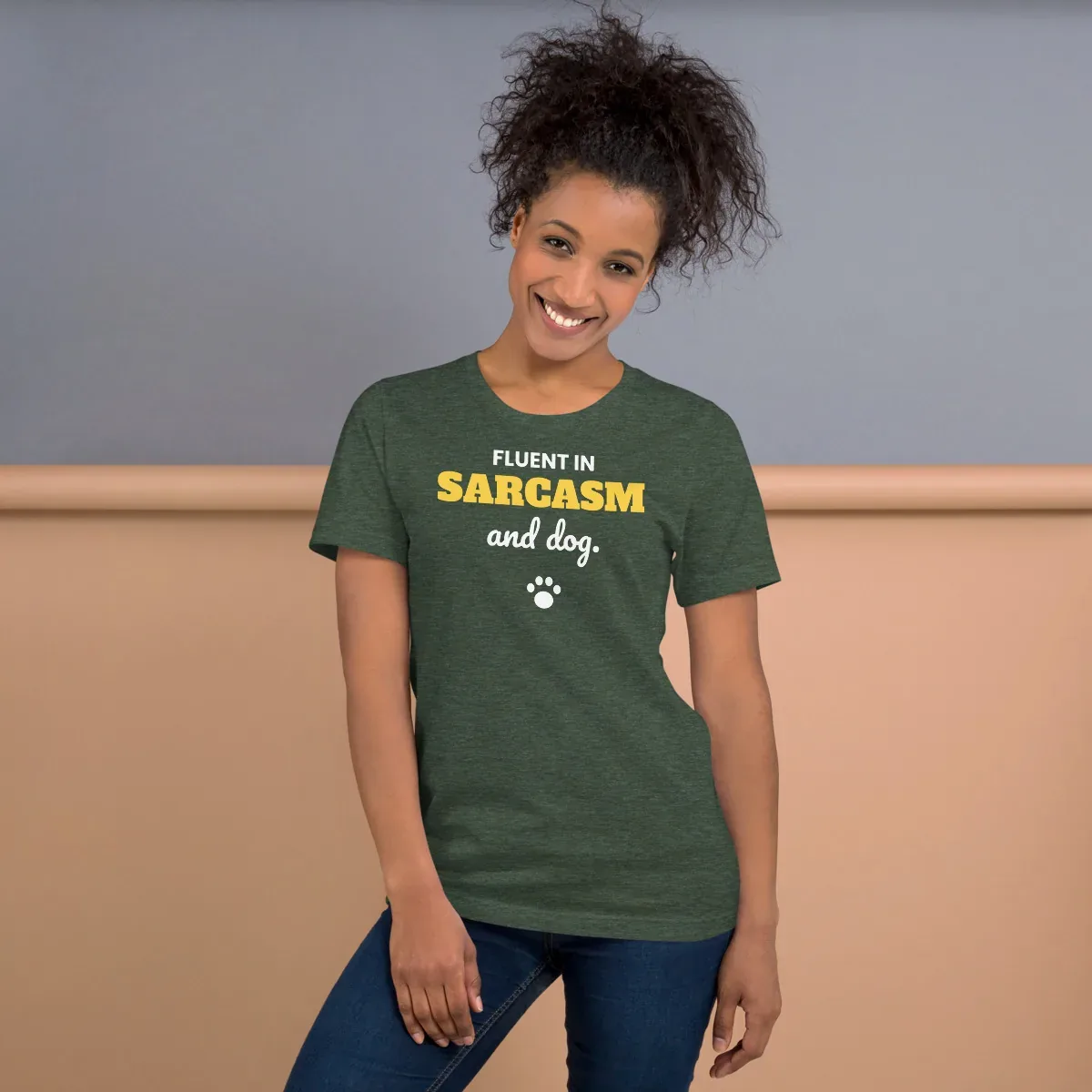 Fluent in sarcasm and dog — heather forest unisex tee: On model, front