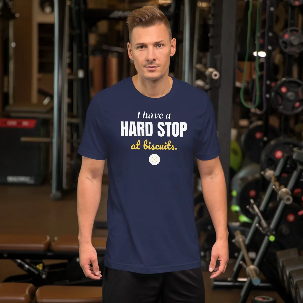 I have a hard stop at biscuits — navy unisex tee: On model, front