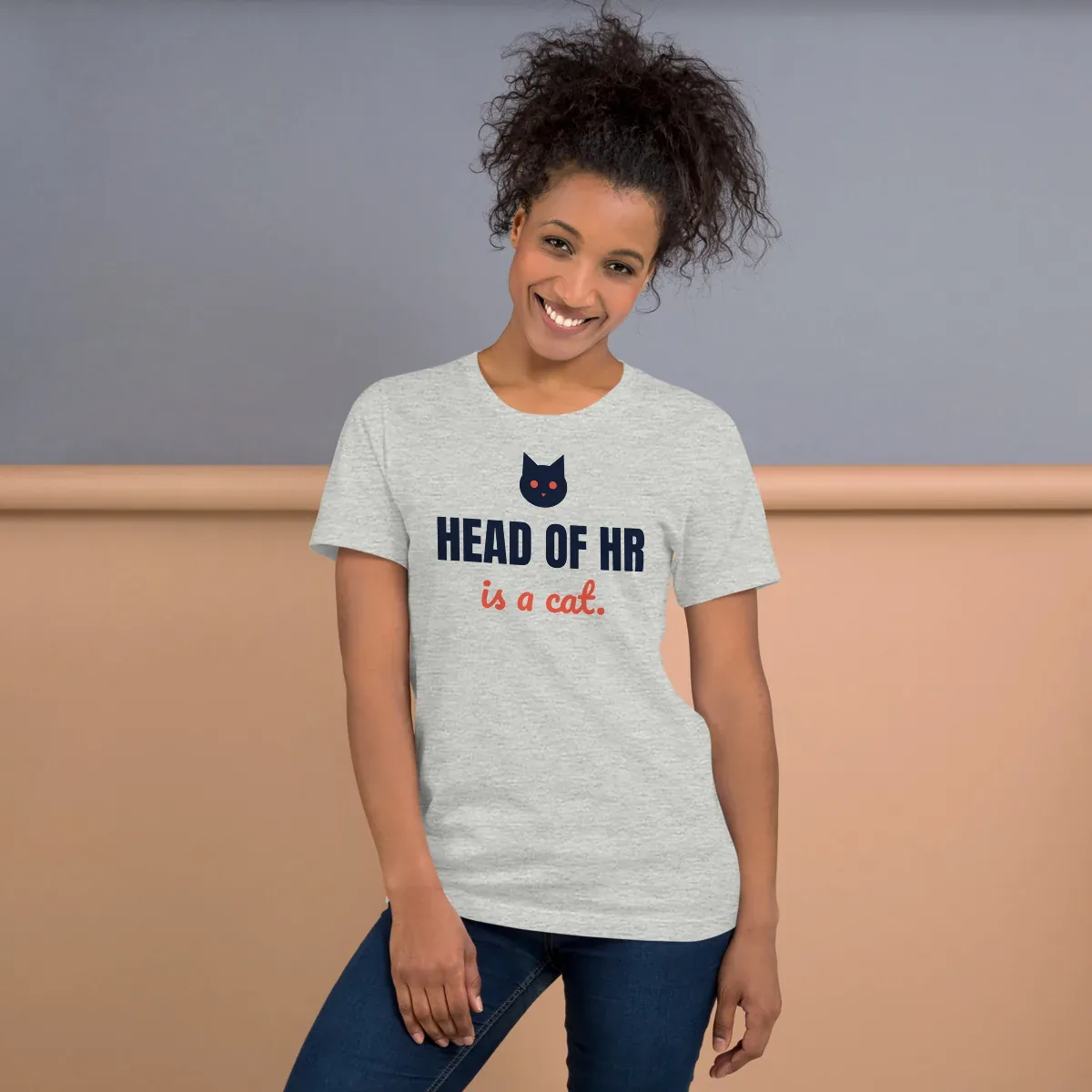 Head of HR is a cat — athletic heather unisex tee: Worn (lifestyle)