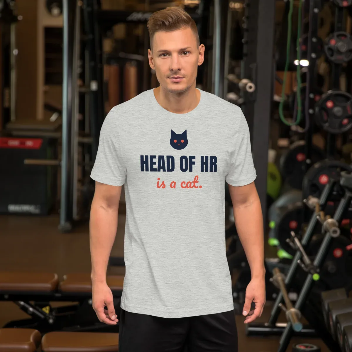 Head of HR is a cat — athletic heather unisex tee: Worn (lifestyle)
