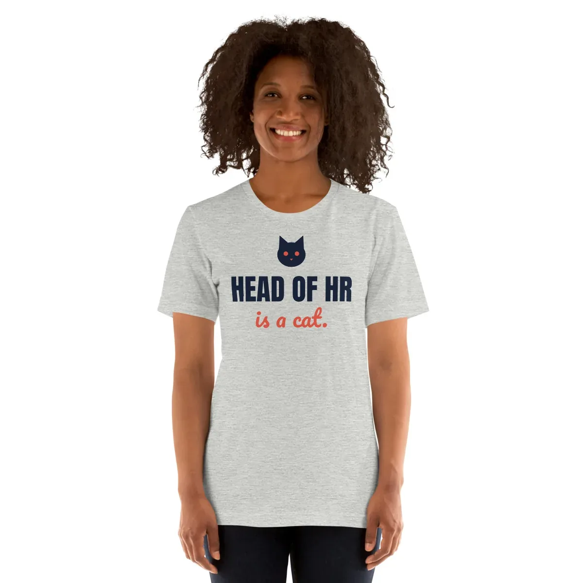 Head of HR is a cat — athletic heather unisex tee: Worn (model)