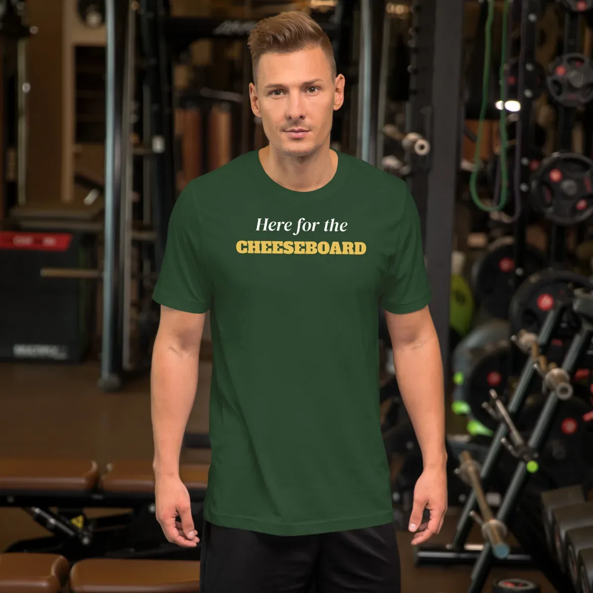 Here for the cheeseboard — forest unisex tee: On model, front