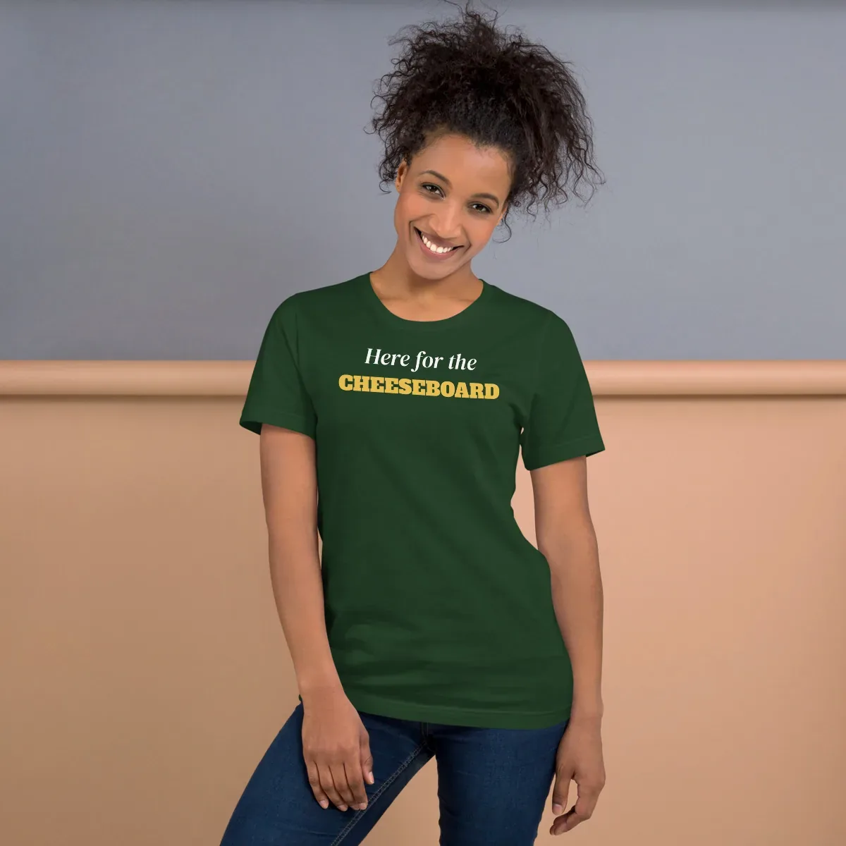 Here for the cheeseboard — forest unisex tee: On model, front