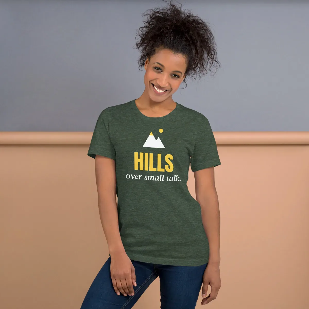 Hills over small talk — heather forest unisex tee: Worn (lifestyle)
