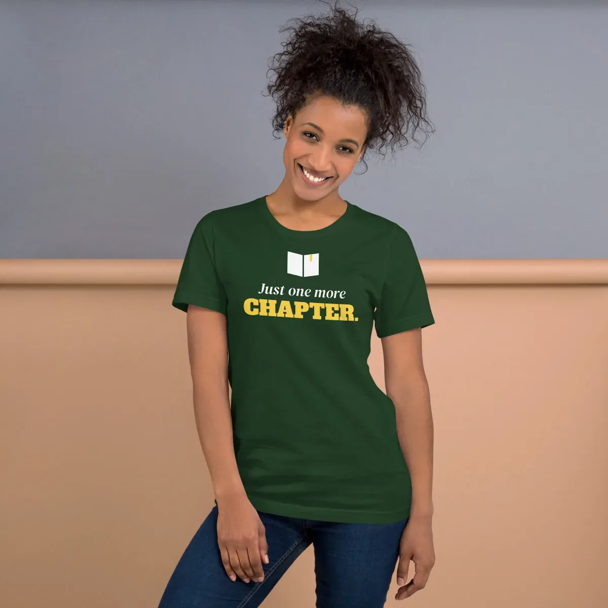 Just one more chapter — forest unisex tee: Worn (lifestyle)
