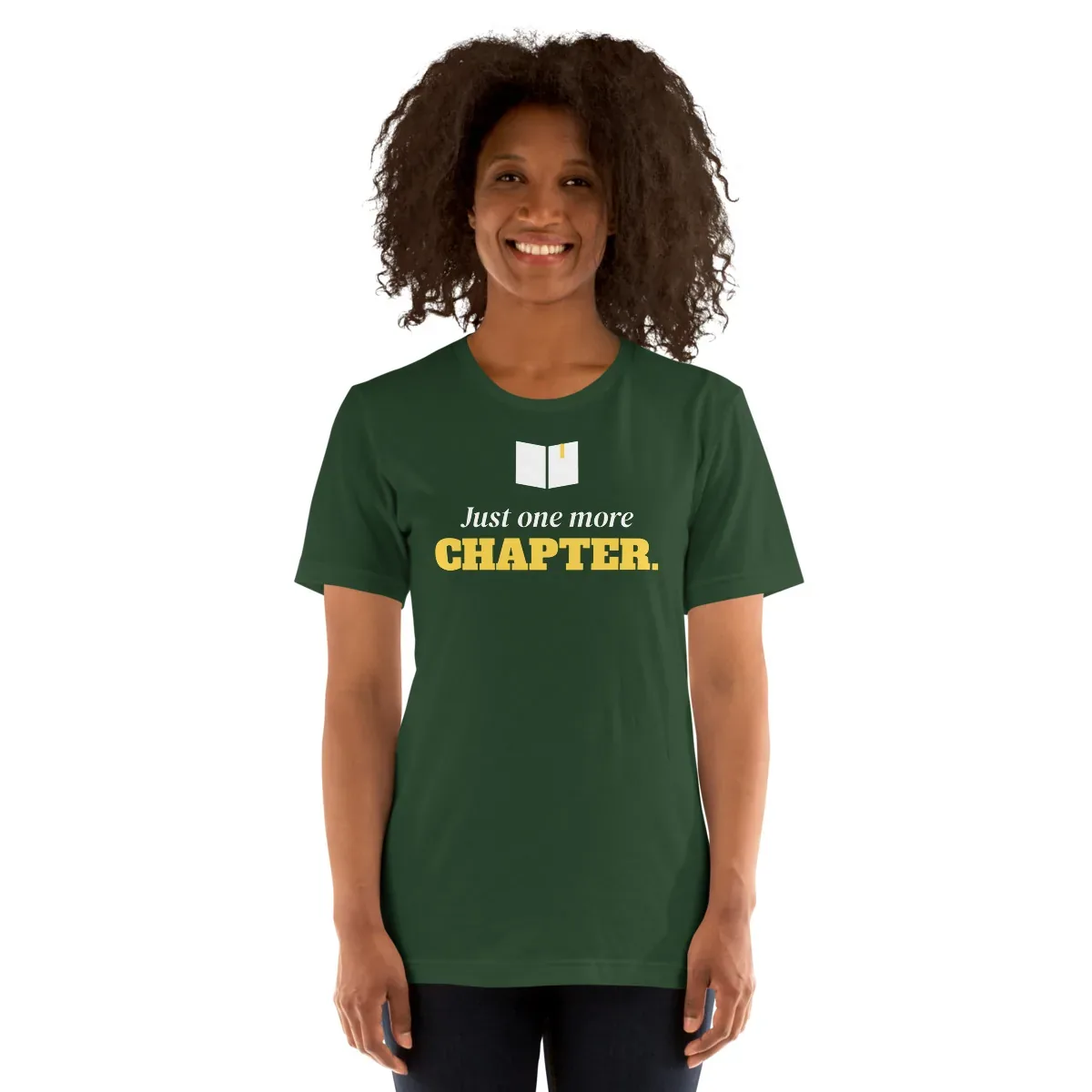 Just one more chapter — forest unisex tee: Worn (model)