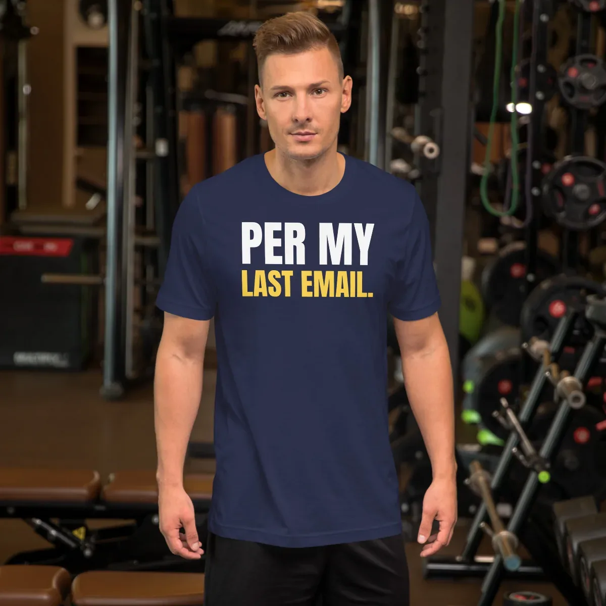 Per my last email — navy unisex tee: Worn (lifestyle)