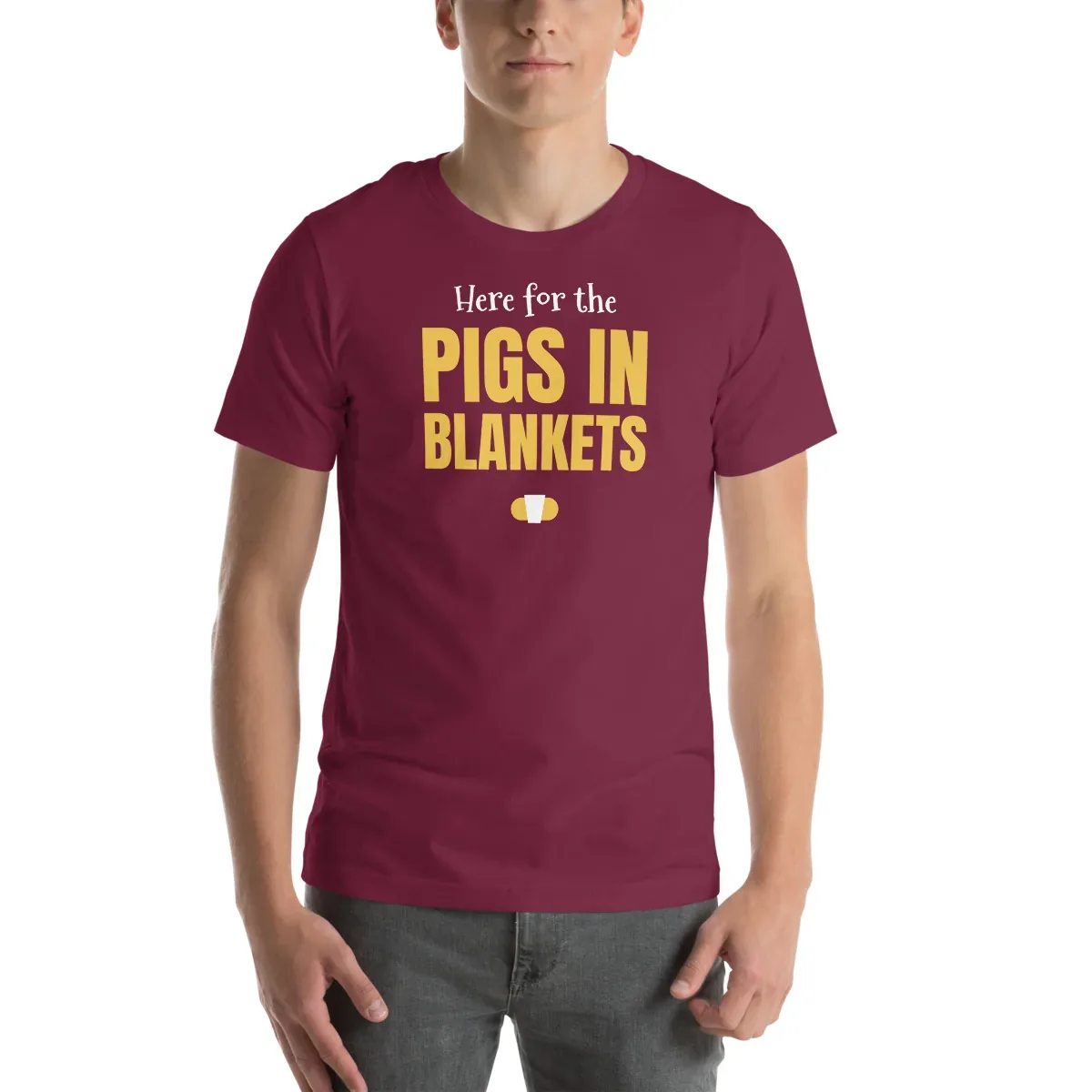 Here for the pigs in blankets — maroon unisex tee: Front view