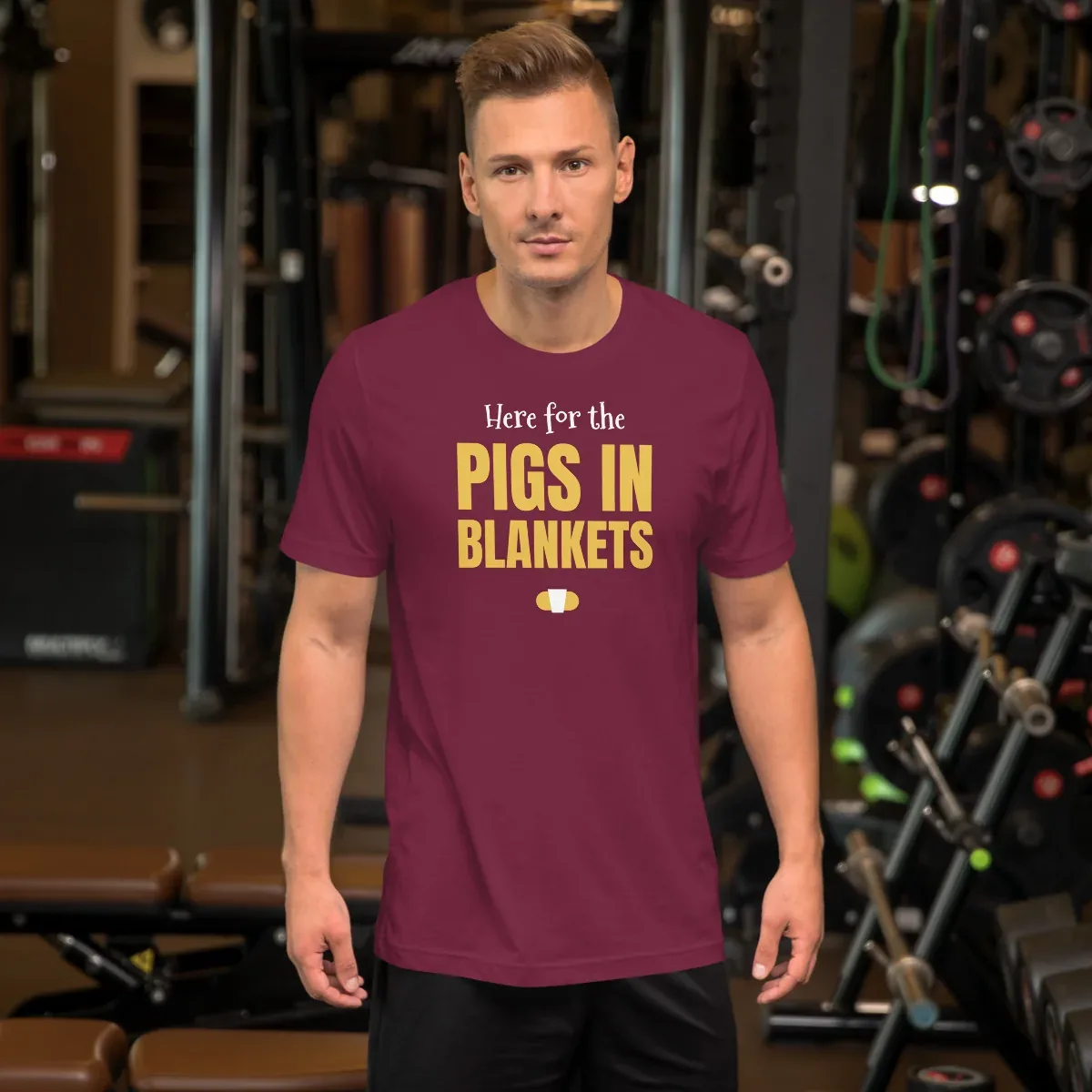Here for the pigs in blankets — maroon unisex tee: Worn (lifestyle)