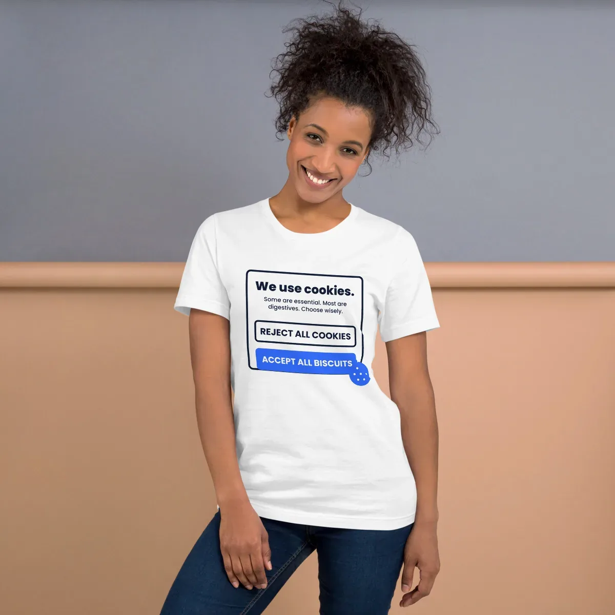 Reject all cookies. Accept all biscuits. — unisex tee: Worn (lifestyle)