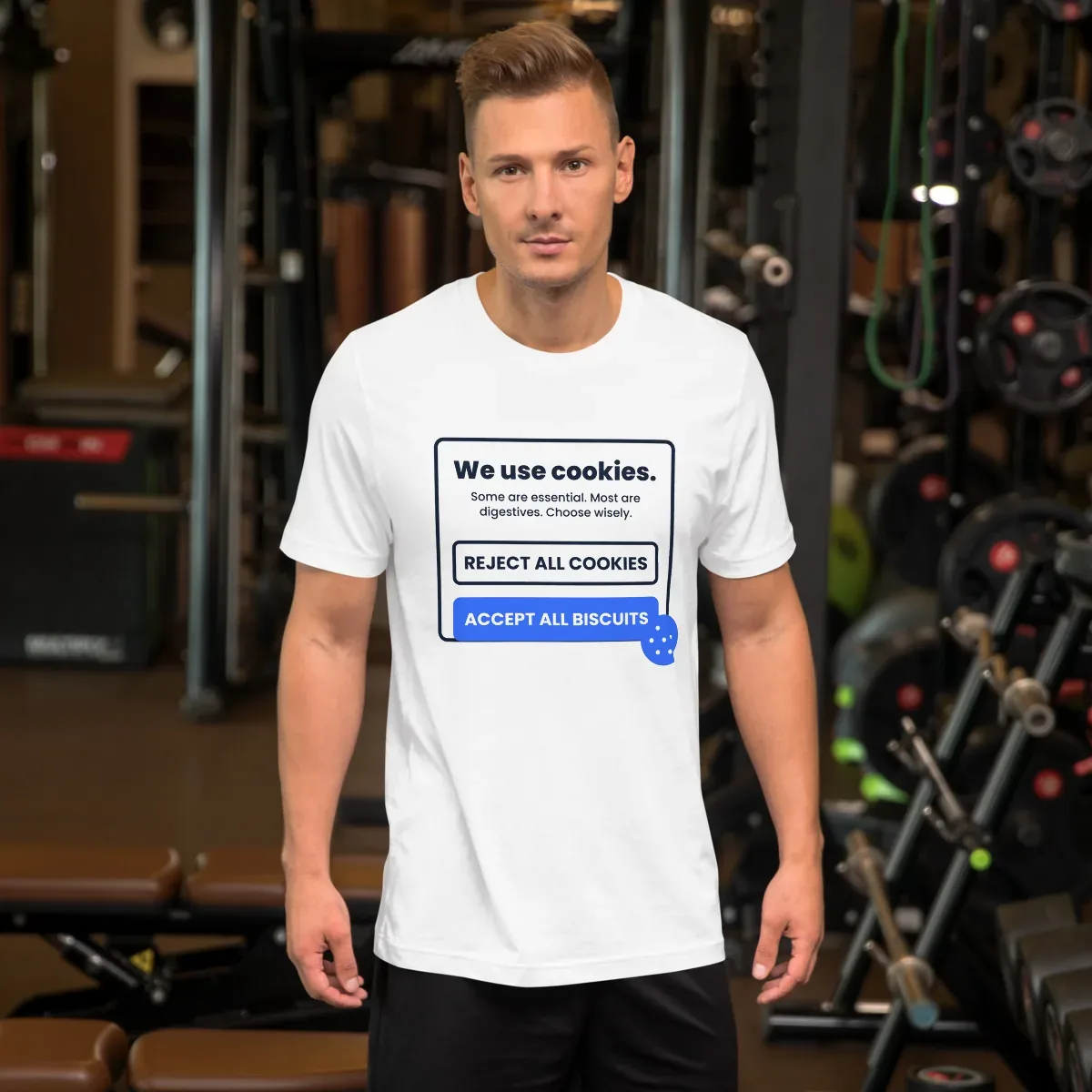 Reject all cookies. Accept all biscuits. — unisex tee: Worn (lifestyle)