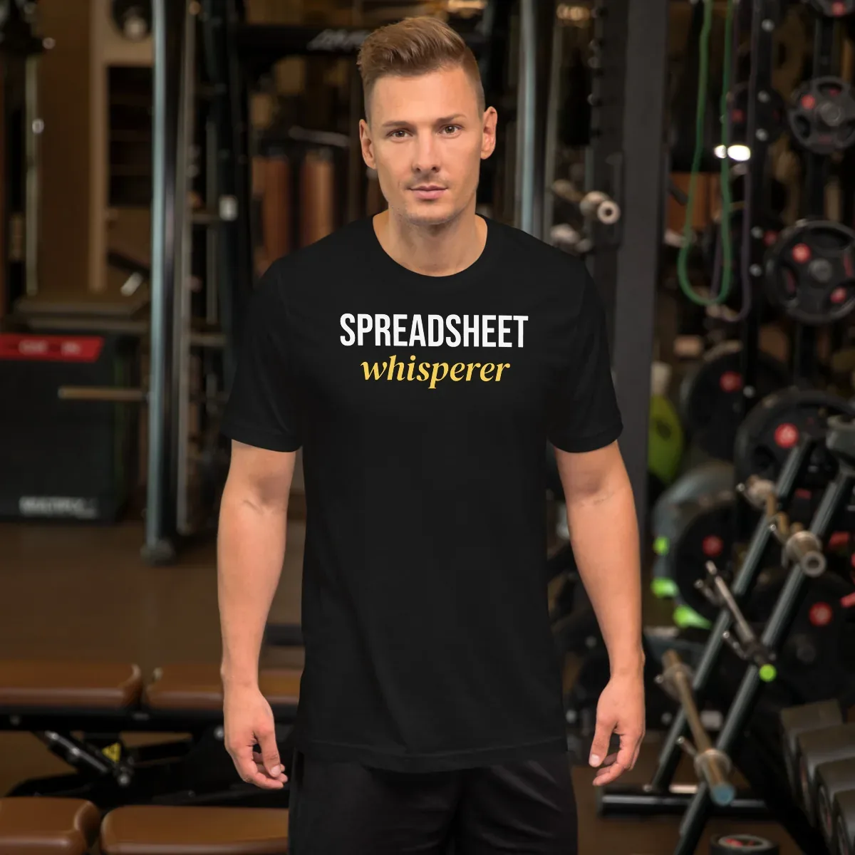 Spreadsheet whisperer — black unisex tee: On model, front