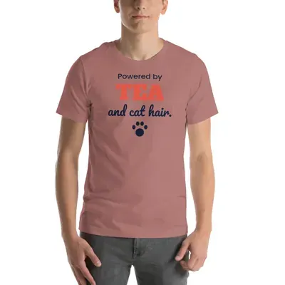 Powered by tea and cat hair — heather mauve unisex tee