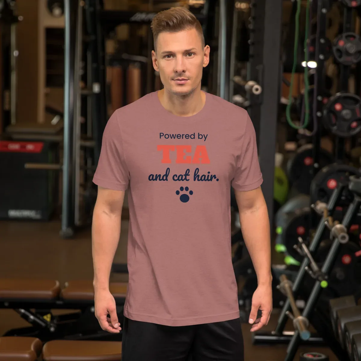 Powered by tea and cat hair — heather mauve unisex tee: Worn (lifestyle)