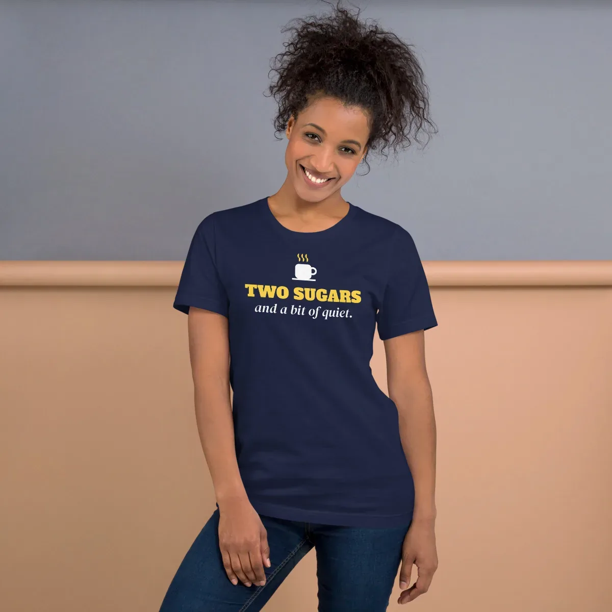 Two sugars and a bit of quiet — navy unisex tee: On model, front