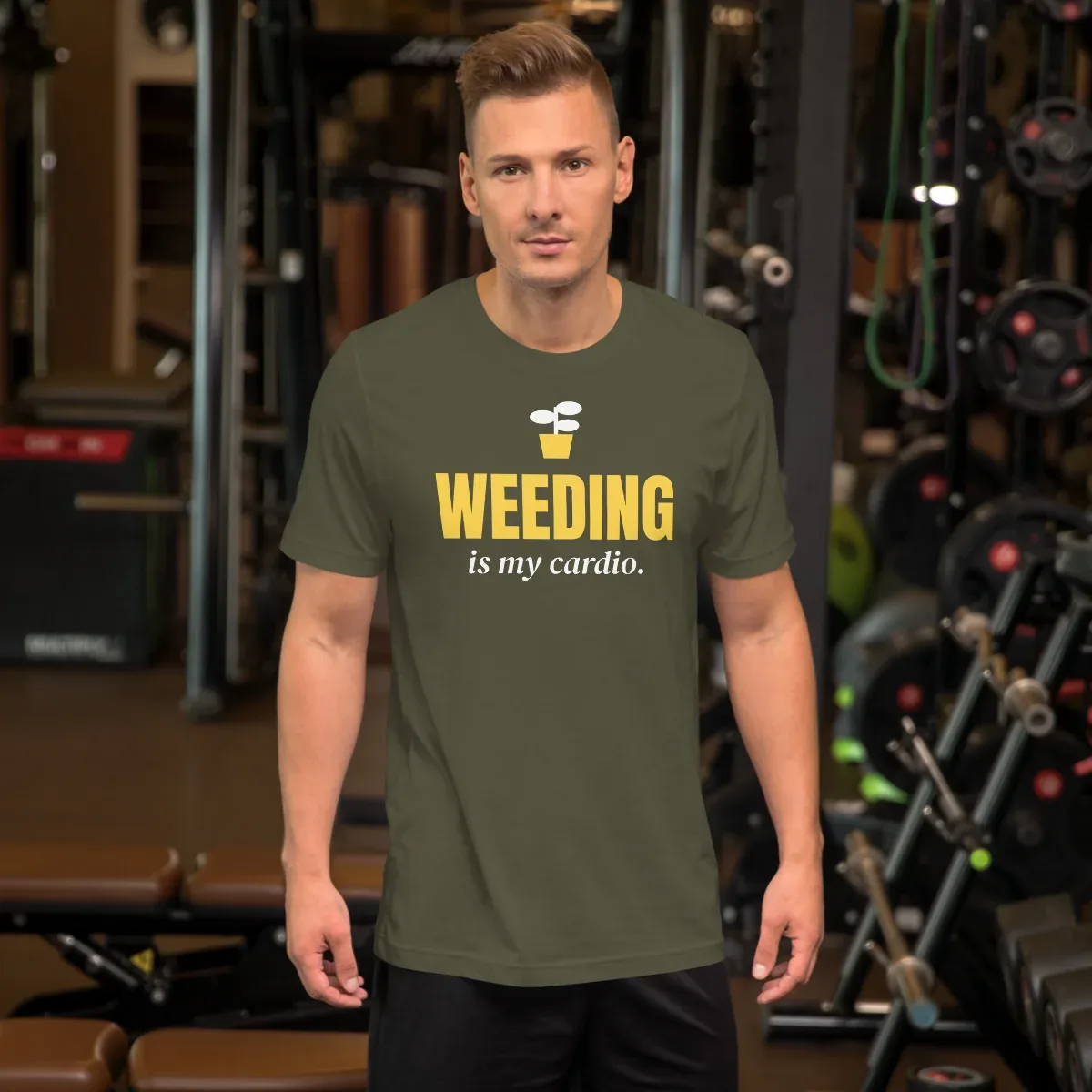 Weeding is my cardio — military green unisex tee: On model, front
