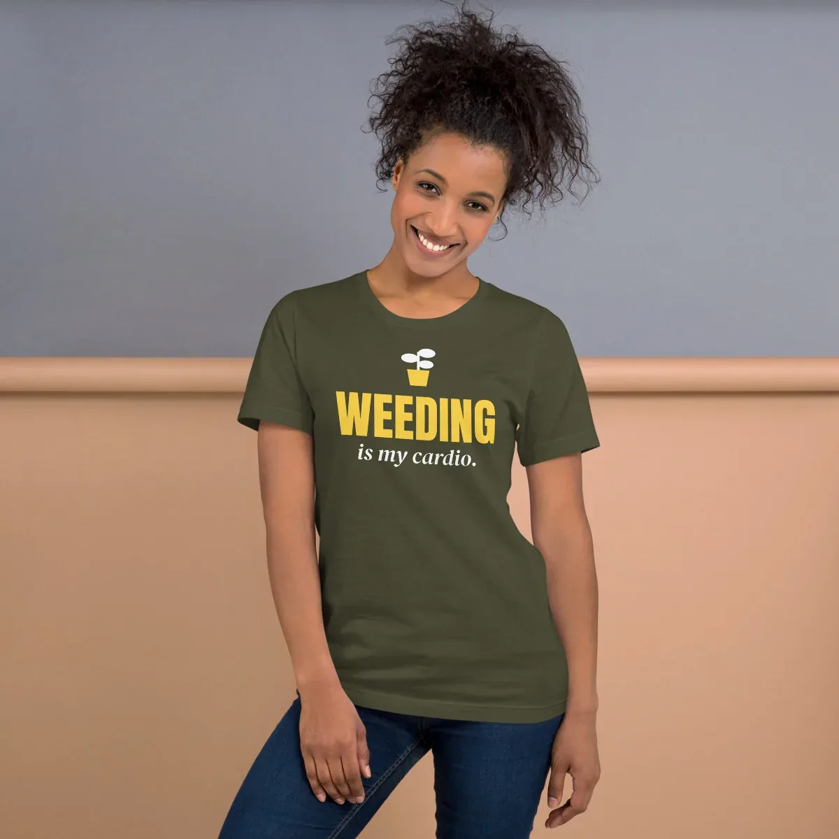 Weeding is my cardio — military green unisex tee: On model, front