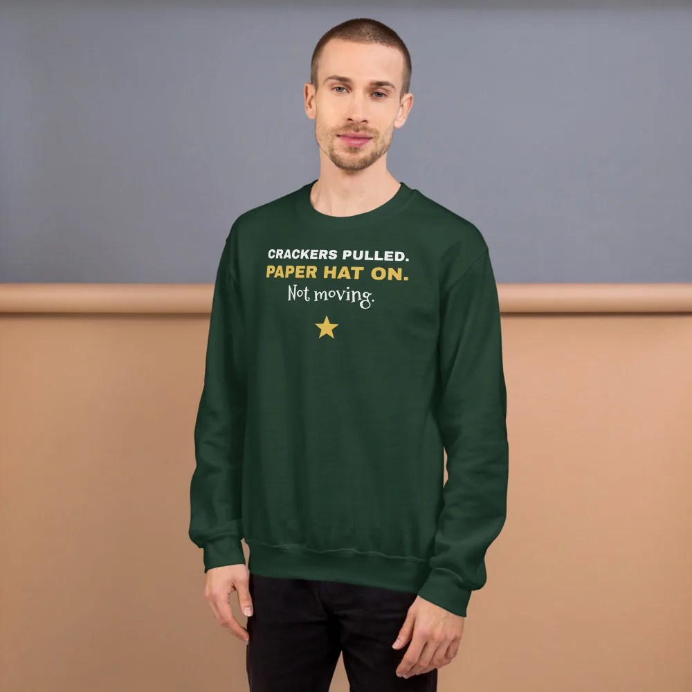 Crackers pulled. Paper hat on. Not moving. — forest green unisex sweatshirt: Lifestyle, worn