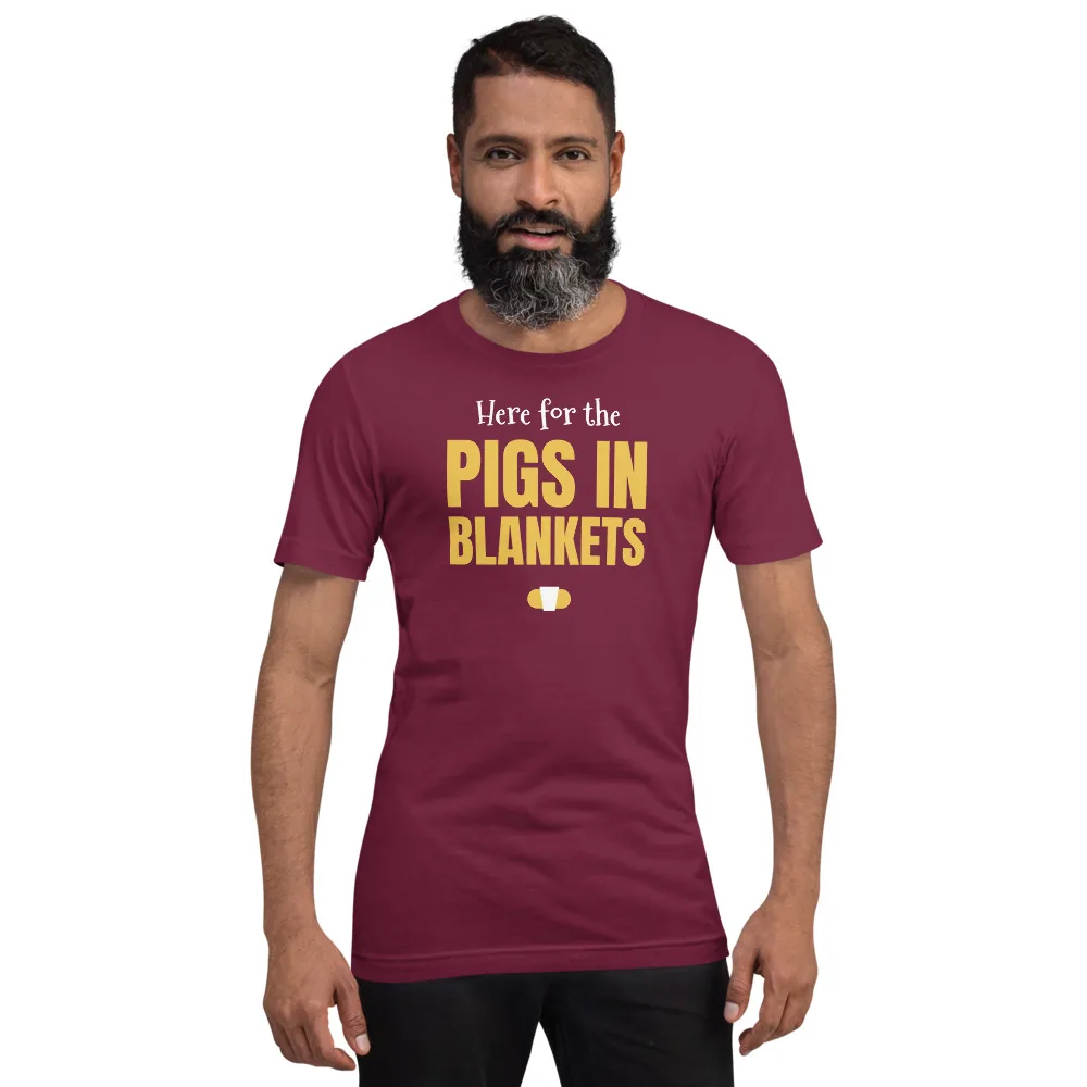 Here for the pigs in blankets — maroon unisex tee: On model