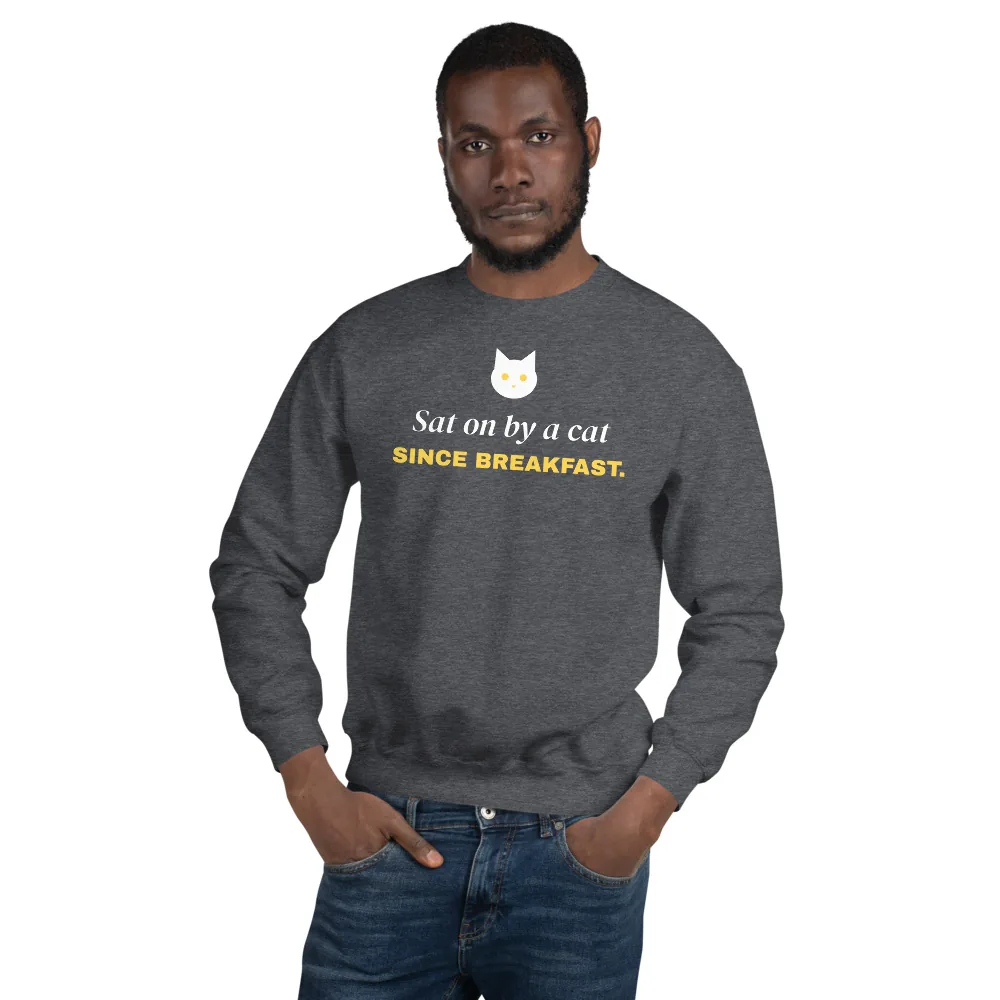 Sat on by a cat since breakfast — dark heather unisex sweatshirt: On model