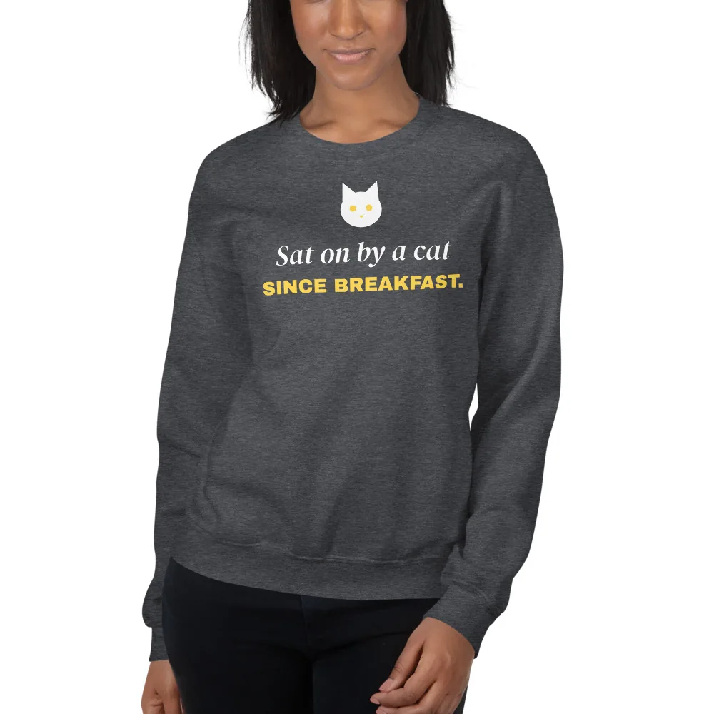 Sat on by a cat since breakfast — dark heather unisex sweatshirt: On model, another person