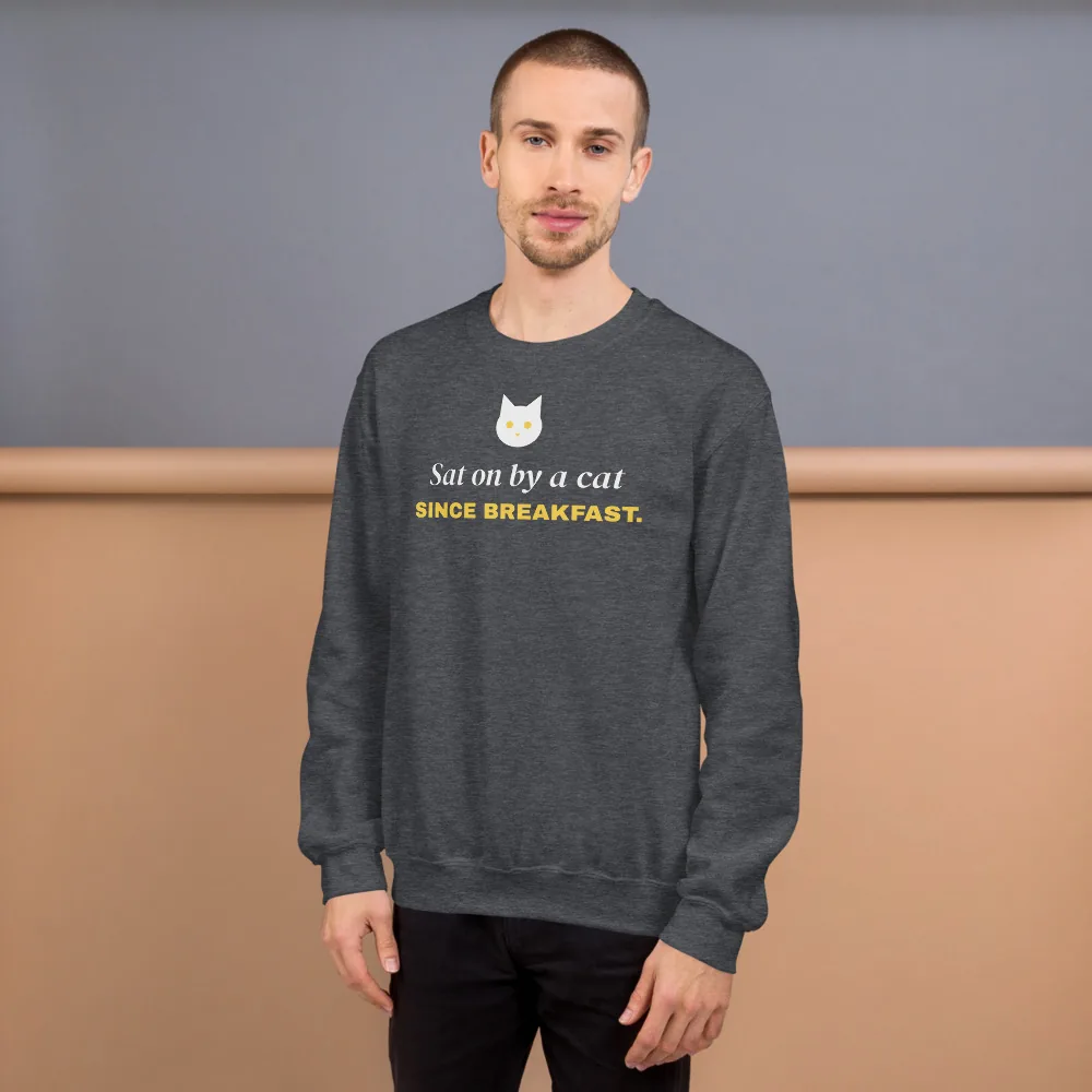 Sat on by a cat since breakfast — dark heather unisex sweatshirt: Lifestyle, worn