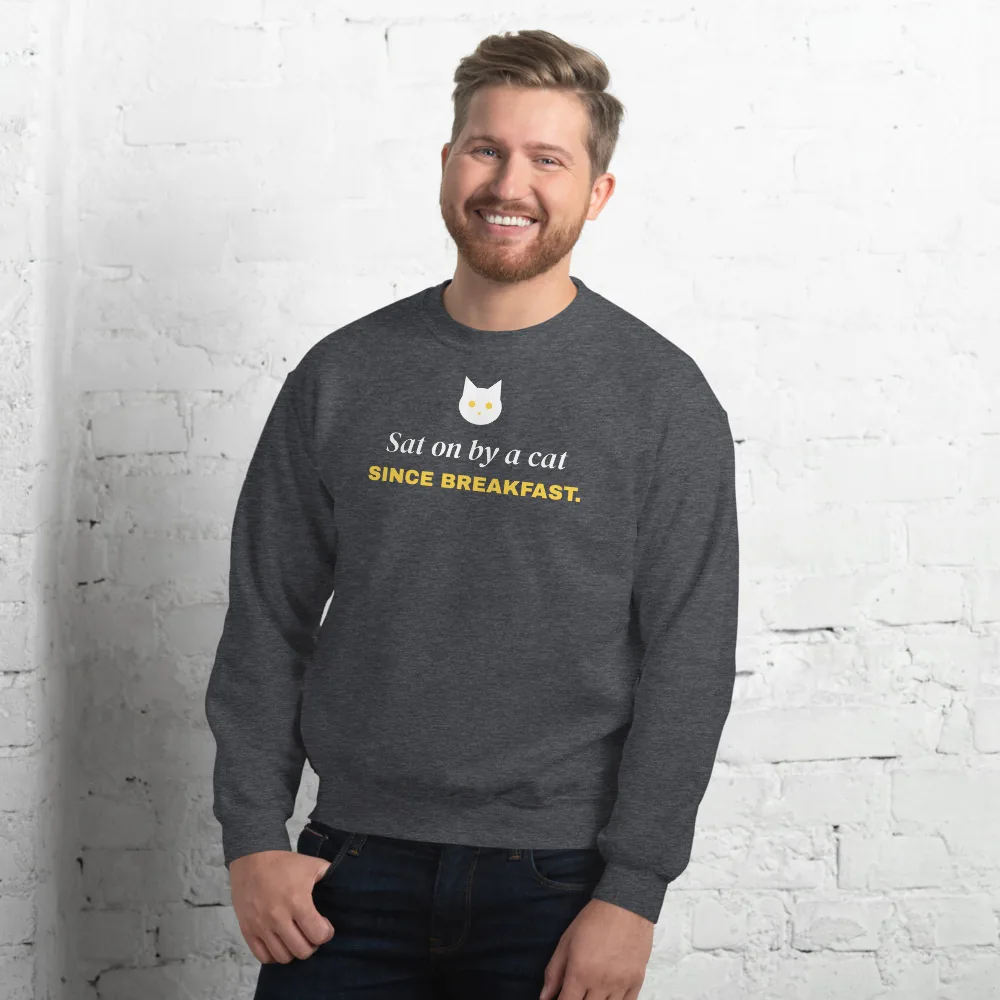 Sat on by a cat since breakfast — dark heather unisex sweatshirt: Lifestyle, worn
