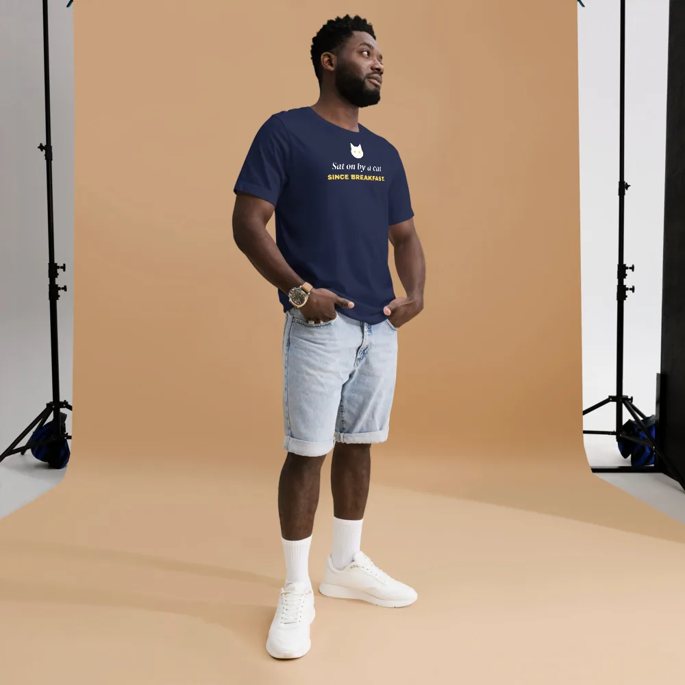 Sat on by a cat since breakfast — navy unisex tee: Lifestyle, worn