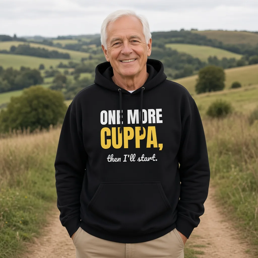 One more cuppa, then I'll start — black unisex hoodie: Illustrative image (AI-generated)