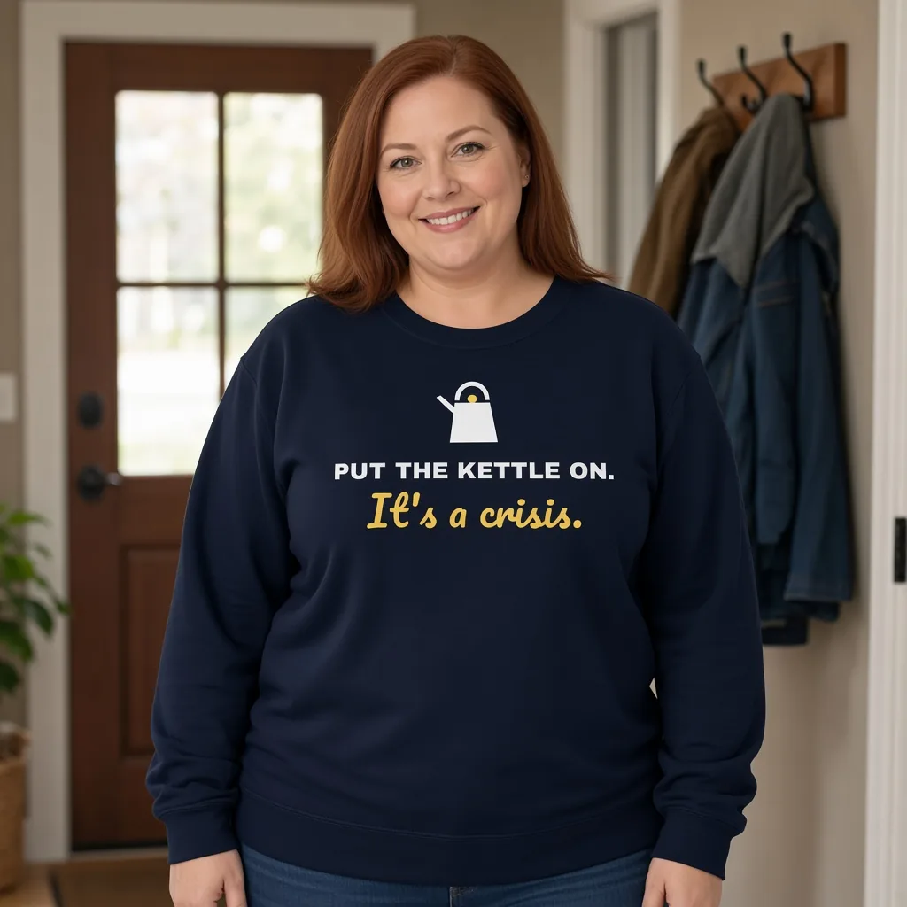 Put the kettle on. It's a crisis. — navy unisex sweatshirt: Illustrative image (AI-generated)